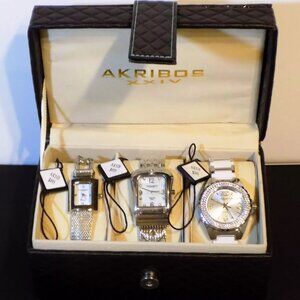 New $1335 Tags Akribos XXIV Women's 3 Watches Box Set Diamonds AK510 AK528 AK514